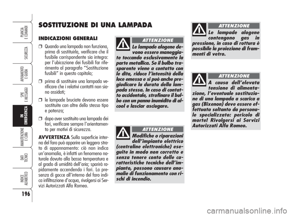 Alfa Romeo 159 2008  Libretto Uso Manutenzione (in Italian) INDICAZIONI GENERALI
❒Quando una lampada non funziona,
prima di sostituirla, verificare che il
fusibile corrispondente sia integro:
per l’ubicazione dei fusibili far rife-
rimento al paragrafo “