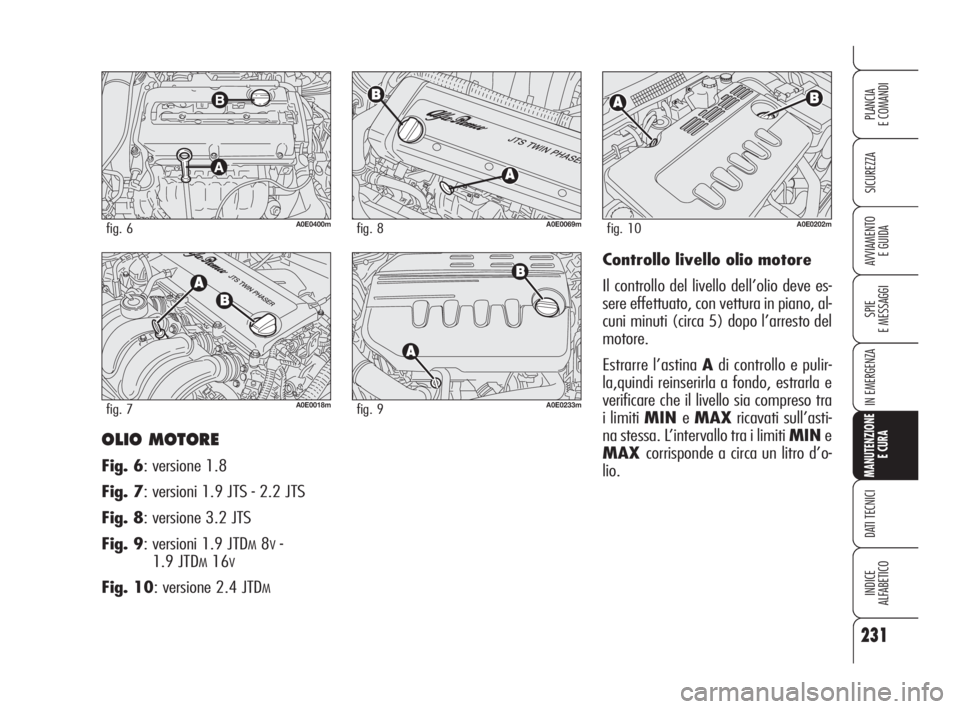 Alfa Romeo 159 2008 Libretto Uso Manutenzione (in Italian) 231
SICUREZZA
SPIE
E MESSAGGI
IN EMERGENZA
MANUTENZIONE
E CURA
DATI TECNICI
INDICE
ALFABETICO
PLANCIA
E COMANDI
AVVIAMENTO
E GUIDA
OLIO MOTORE
Fig. 6: versione 1.8
Fig. 7: versioni 1.9 JTS - 2.2 JTS
Alfa Romeo 159 2008 Libretto Uso Manutenzione (in Italian) 231
SICUREZZA
SPIE
E MESSAGGI
IN EMERGENZA
MANUTENZIONE
E CURA
DATI TECNICI
INDICE
ALFABETICO
PLANCIA
E COMANDI
AVVIAMENTO
E GUIDA
OLIO MOTORE
Fig. 6: versione 1.8
Fig. 7: versioni 1.9 JTS - 2.2 JTS