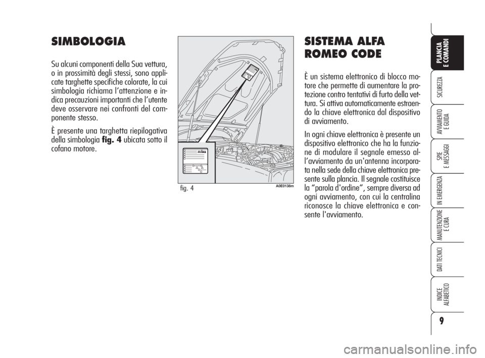 Alfa Romeo 159 2009  Libretto Uso Manutenzione (in Italian) 9
SICUREZZA
SPIE
E MESSAGGI
IN EMERGENZA
MANUTENZIONE
E CURA
DATI TECNICI
INDICE
ALFABETICO
PLANCIA
E COMANDI
AVVIAMENTO 
E GUIDA
SISTEMA ALFA
ROMEO CODE
È un sistema elettronico di blocco mo-
tore c