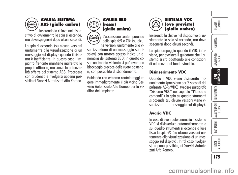 Alfa Romeo 159 2009  Libretto Uso Manutenzione (in Italian) 175
SICUREZZA
SPIE
E MESSAGGI
IN EMERGENZA
MANUTENZIONE
E CURA
DATI TECNICI
INDICE
ALFABETICO
PLANCIA
E COMANDI
AVVIAMENTO 
E GUIDA
AVARIA EBD
(rossa)
(giallo ambra)
L’accensione contemporanea
delle