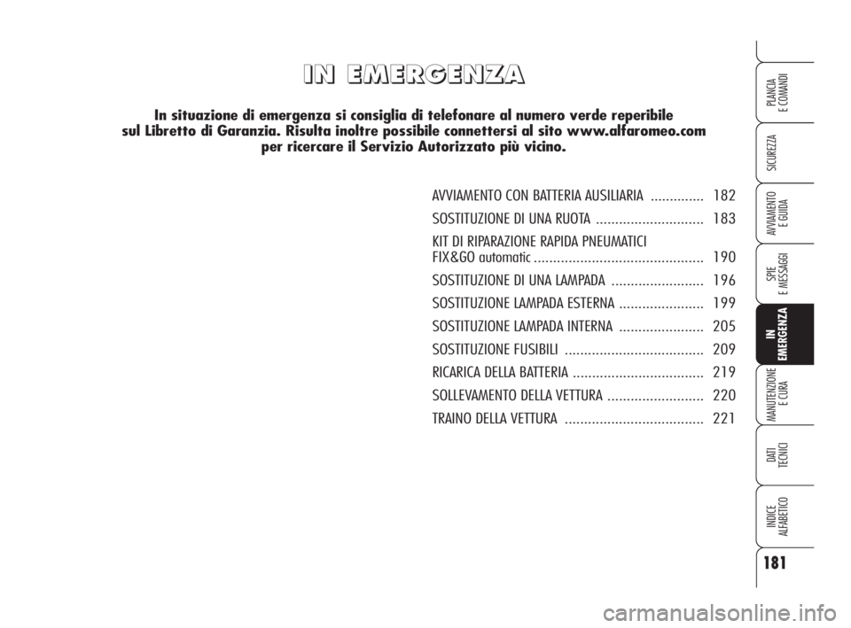 Alfa Romeo 159 2009 Libretto Uso Manutenzione (in Italian) 181
SICUREZZA
SPIE
E MESSAGGI
IN
EMERGENZA
MANUTENZIONE
E CURA
DATI
TECNICI
INDICE
ALFABETICO
PLANCIA
E COMANDI
AVVIAMENTO
E GUIDA
I I
N N
E E
M M
E E
R R
G G
E E
N N
Z Z
A A
In situazione di emerge Alfa Romeo 159 2009 Libretto Uso Manutenzione (in Italian) 181
SICUREZZA
SPIE
E MESSAGGI
IN
EMERGENZA
MANUTENZIONE
E CURA
DATI
TECNICI
INDICE
ALFABETICO
PLANCIA
E COMANDI
AVVIAMENTO
E GUIDA
I I
N N
E E
M M
E E
R R
G G
E E
N N
Z Z
A A
In situazione di emerge