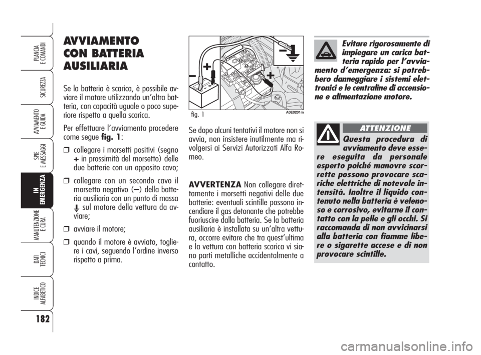 Alfa Romeo 159 2009 Libretto Uso Manutenzione (in Italian) AVVERTENZANon collegare diret-
tamente i morsetti negativi delle due
batterie: eventuali scintille possono in-
cendiare il gas detonante che potrebbe
fuoriuscire dalla batteria. Se la batteria
ausilia Alfa Romeo 159 2009 Libretto Uso Manutenzione (in Italian) AVVERTENZANon collegare diret-
tamente i morsetti negativi delle due
batterie: eventuali scintille possono in-
cendiare il gas detonante che potrebbe
fuoriuscire dalla batteria. Se la batteria
ausilia