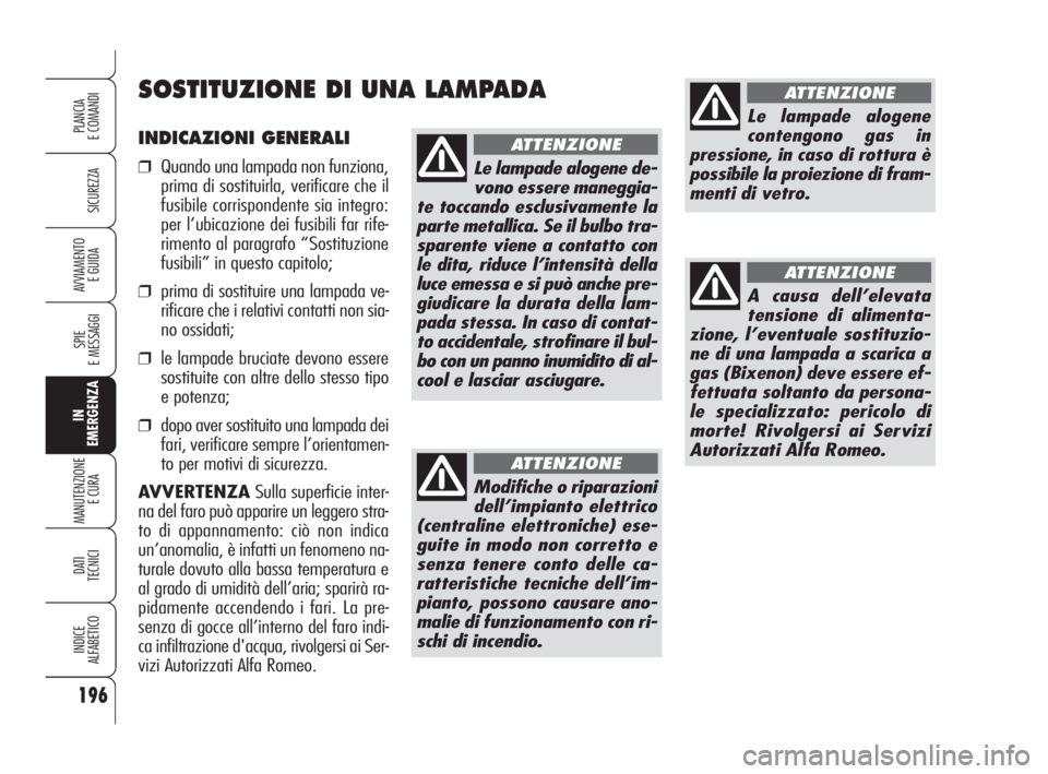 Alfa Romeo 159 2009 Libretto Uso Manutenzione (in Italian) INDICAZIONI GENERALI
❒Quando una lampada non funziona,
prima di sostituirla, verificare che il
fusibile corrispondente sia integro:
per l’ubicazione dei fusibili far rife-
rimento al paragrafo “ Alfa Romeo 159 2009 Libretto Uso Manutenzione (in Italian) INDICAZIONI GENERALI
❒Quando una lampada non funziona,
prima di sostituirla, verificare che il
fusibile corrispondente sia integro:
per l’ubicazione dei fusibili far rife-
rimento al paragrafo “