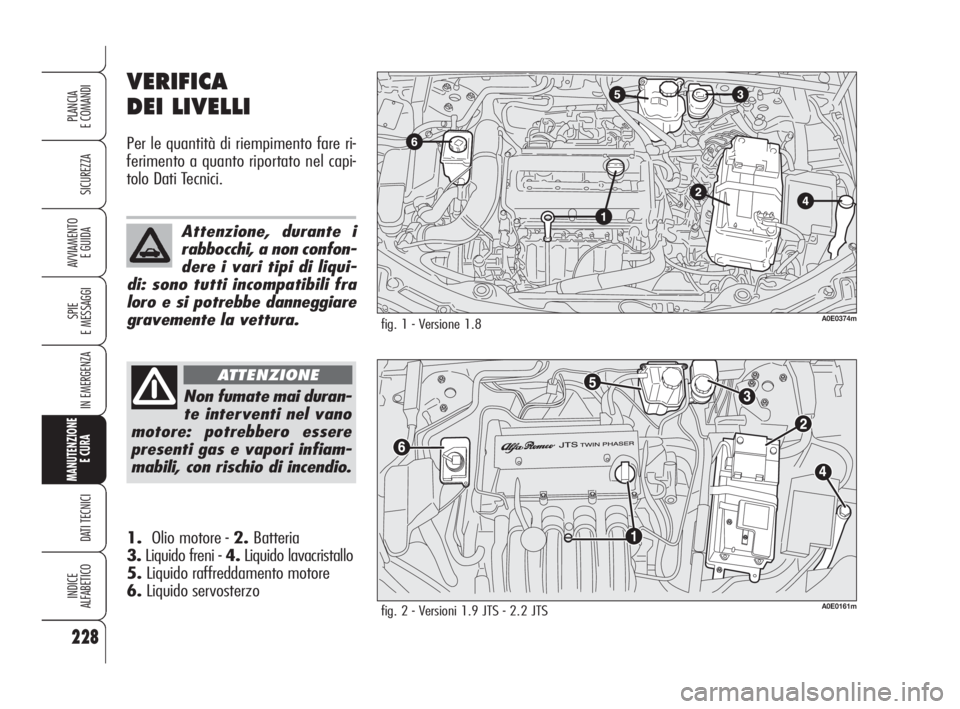 Alfa Romeo 159 2009 Libretto Uso Manutenzione (in Italian) 228
SICUREZZA
SPIE
E MESSAGGI
IN EMERGENZA
MANUTENZIONE
E CURA
DATI TECNICI
INDICE
ALFABETICO
PLANCIA
E COMANDI
AVVIAMENTO
E GUIDA
VERIFICA
DEI LIVELLI
Per le quantità di riempimento fare ri-
ferim Alfa Romeo 159 2009 Libretto Uso Manutenzione (in Italian) 228
SICUREZZA
SPIE
E MESSAGGI
IN EMERGENZA
MANUTENZIONE
E CURA
DATI TECNICI
INDICE
ALFABETICO
PLANCIA
E COMANDI
AVVIAMENTO
E GUIDA
VERIFICA
DEI LIVELLI
Per le quantità di riempimento fare ri-
ferim