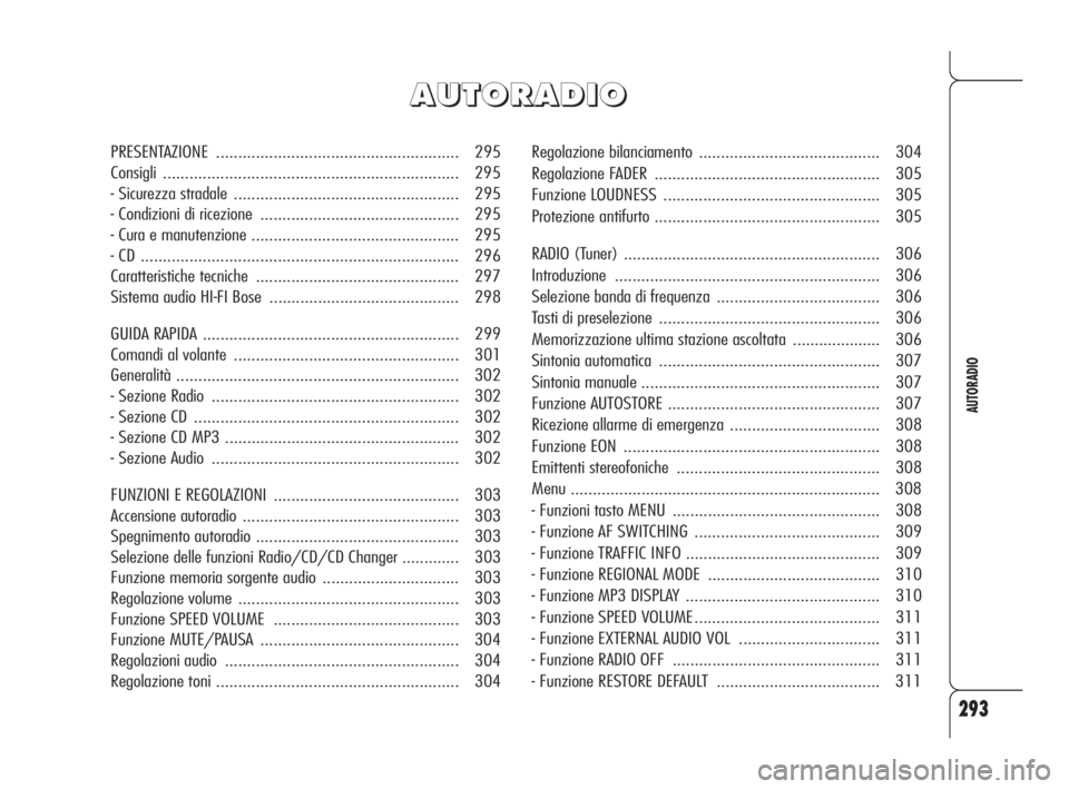 Alfa Romeo 159 2009  Libretto Uso Manutenzione (in Italian) 293
AUTORADIO
Regolazione bilanciamento ......................................... 304
Regolazione FADER................................................... 305
Funzione LOUDNESS........................