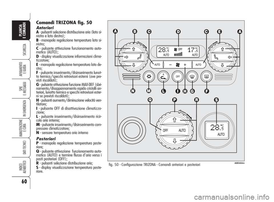 Alfa Romeo 159 2009 Libretto Uso Manutenzione (in Italian) 60
SICUREZZA
SPIE
E MESSAGGI
IN EMERGENZA
MANUTENZIONE
E CURA
DATI TECNICI
INDICE
ALFABETICO
PLANCIA
E COMANDI
AVVIAMENTO
E GUIDA
Comandi TRIZONA fig. 50
Anteriori
A- pulsanti selezione distribuzion Alfa Romeo 159 2009 Libretto Uso Manutenzione (in Italian) 60
SICUREZZA
SPIE
E MESSAGGI
IN EMERGENZA
MANUTENZIONE
E CURA
DATI TECNICI
INDICE
ALFABETICO
PLANCIA
E COMANDI
AVVIAMENTO
E GUIDA
Comandi TRIZONA fig. 50
Anteriori
A- pulsanti selezione distribuzion