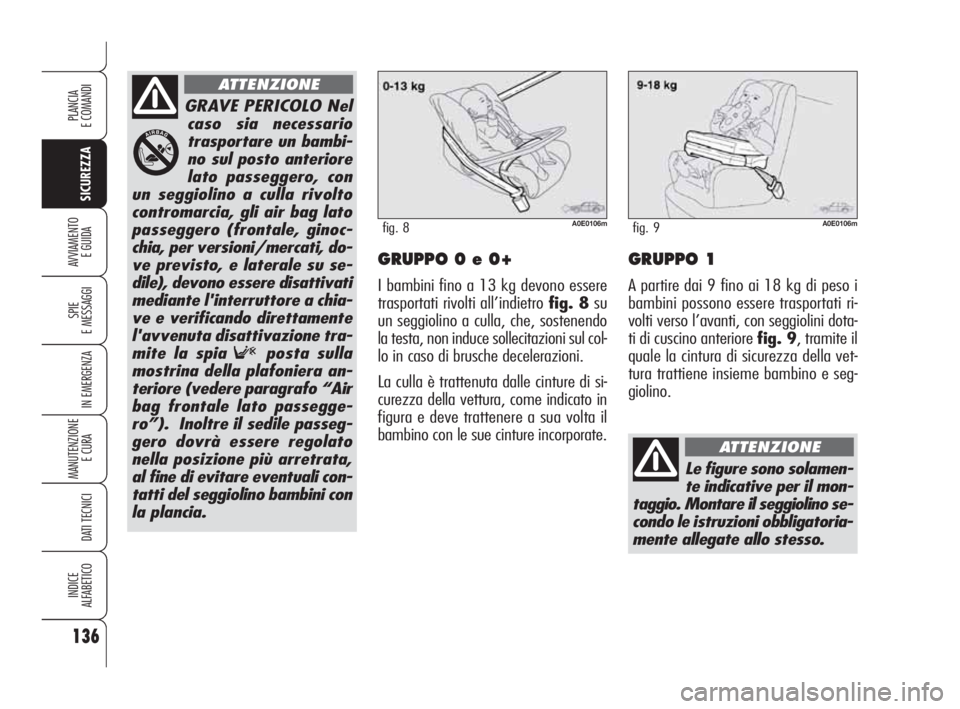 Alfa Romeo 159 2010  Libretto Uso Manutenzione (in Italian) 136
SICUREZZA
SPIE 
E MESSAGGI
IN EMERGENZA
MANUTENZIONE
E CURA 
DATI TECNICI
INDICE 
ALFABETICO
PLANCIA 
E COMANDI
AVVIAMENTO 
E GUIDAGRUPPO 0 e 0+
I bambini fino a 13 kg devono essere
trasportati ri