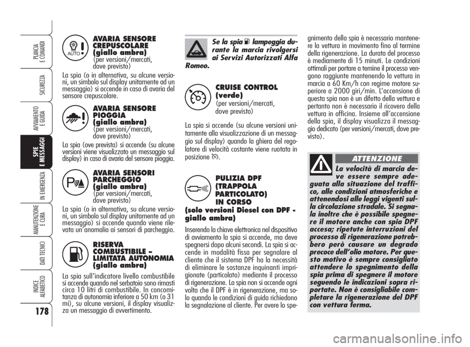 Alfa Romeo 159 2010  Libretto Uso Manutenzione (in Italian) RISERVA 
COMBUSTIBILE – 
LIMITATA AUTONOMIA
(giallo ambra)
La spia sull’indicatore livello combustibile
si accende quando nel serbatoio sono rimasti
circa 10 litri di combustibile. In concomi-
tan