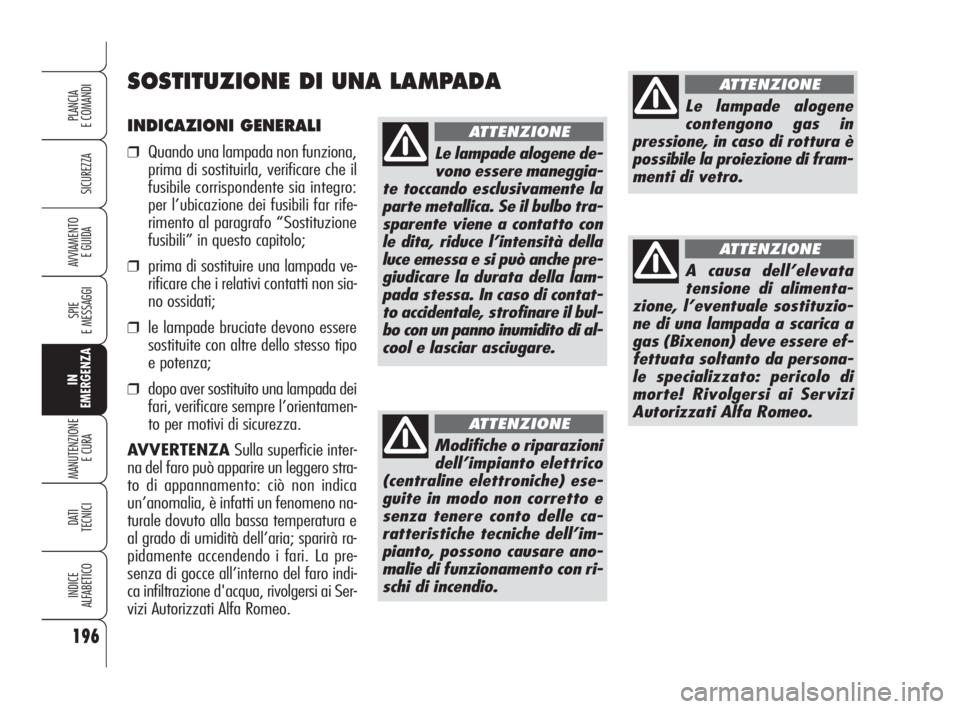 Alfa Romeo 159 2010  Libretto Uso Manutenzione (in Italian) INDICAZIONI GENERALI
❒Quando una lampada non funziona,
prima di sostituirla, verificare che il
fusibile corrispondente sia integro:
per l’ubicazione dei fusibili far rife-
rimento al paragrafo “