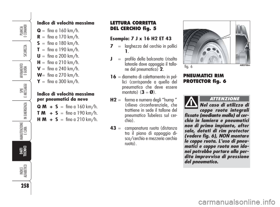 Alfa Romeo 159 2011 Libretto Uso Manutenzione (in Italian) LETTURA CORRETTA
DEL CERCHIO fig. 5
Esempio: 7 J x 16 H2 ET 43
7= larghezza del cerchio in pollici
1.
J= profilo della balconata (risalto
laterale dove appoggia il tallo-
ne del pneumatico) 2.
16= di Alfa Romeo 159 2011 Libretto Uso Manutenzione (in Italian) LETTURA CORRETTA
DEL CERCHIO fig. 5
Esempio: 7 J x 16 H2 ET 43
7= larghezza del cerchio in pollici
1.
J= profilo della balconata (risalto
laterale dove appoggia il tallo-
ne del pneumatico) 2.
16= di
