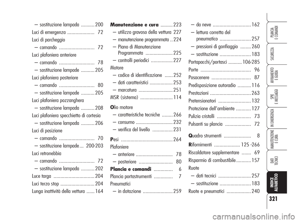 Alfa Romeo 159 2010  Libretto Uso Manutenzione (in Italian) 321
SICUREZZA
SPIE 
E MESSAGGI
IN EMERGENZA
MANUTENZIONE
E CURA
DATI
TECNICI
INDICE
ALFABETICO
PLANCIA 
E COMANDI
AVVIAMENTO 
E GUIDA
Manutenzione e cura......... 223
– utilizzo gravoso della vettur