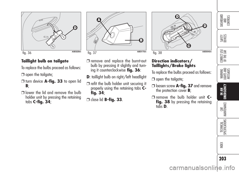 Alfa Romeo 159 2006  Owner handbook (in English) 203
SAFETY
DEVICES
WARNING 
LIGHTS AND 
MESSAGES
CAR
MAINTENANCE
TECHNICAL
SPECIFICATIONS
INDEX
CORRECT USE 
OF THE CAR
DASHBOARD
AND
CONTROLS
IN AN 
EMERGENCY
Direction indicators/
Taillights/Brake l