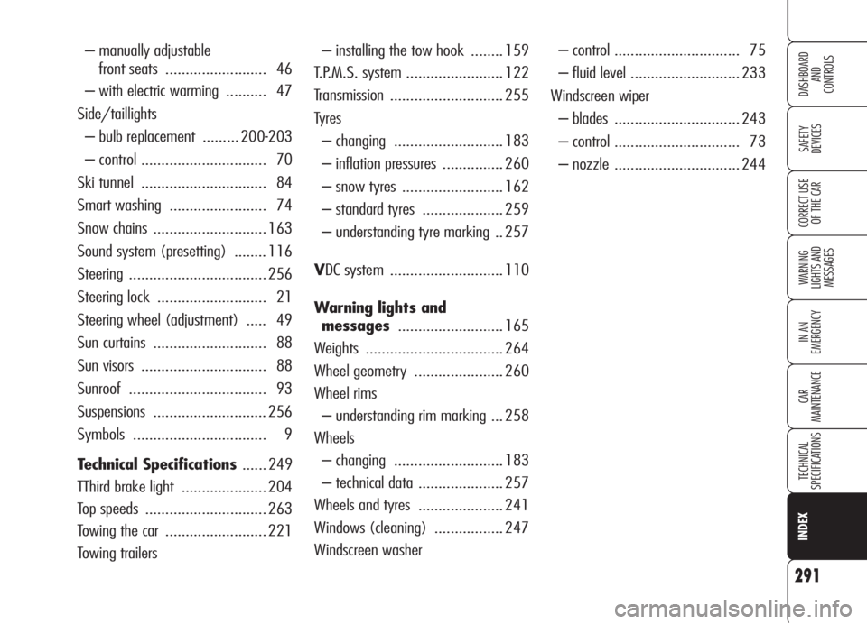 Alfa Romeo 159 2006  Owner handbook (in English) 291
SAFETY
DEVICES
WARNING 
LIGHTS AND 
MESSAGES
IN AN 
EMERGENCY
CAR
MAINTENANCE
TECHNICAL
SPECIFICATIONS
CORRECT USE 
OF THE CAR
DASHBOARD
AND
CONTROLS
INDEX
– installing the tow hook  ........ 15