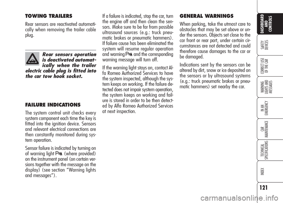 Alfa Romeo 159 2008  Owner handbook (in English) 121
SAFETY
DEVICES
WARNING 
LIGHTS AND 
MESSAGES
IN AN 
EMERGENCY
CAR
MAINTENANCE
TECHNICAL
SPECIFICATIONS
INDEX
CORRECT USE 
OF THE CAR
DASHBOARD
AND
CONTROLS
If a failure is indicated, stop the car,