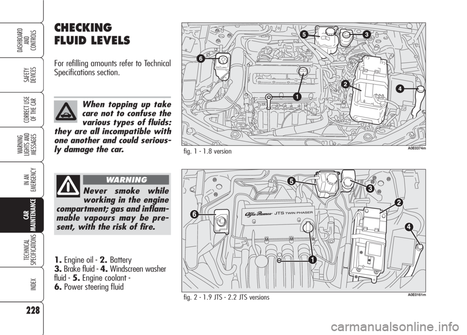 Alfa Romeo 159 2008  Owner handbook (in English) 228
SAFETY
DEVICES
WARNING 
LIGHTS AND 
MESSAGES
IN AN 
EMERGENCY
TECHNICAL
SPECIFICATIONS
INDEX
CORRECT USE 
OF THE CAR
DASHBOARD
AND
CONTROLS
CAR
MAINTENANCE
CHECKING
FLUID LEVELS
For refilling amou