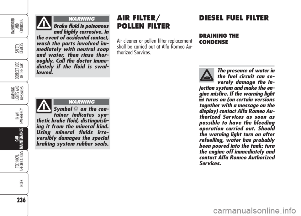 Alfa Romeo 159 2008  Owner handbook (in English) 236
SAFETY
DEVICES
WARNING 
LIGHTS AND 
MESSAGES
IN AN 
EMERGENCY
TECHNICAL
SPECIFICATIONS
INDEX
CORRECT USE 
OF THE CAR
DASHBOARD
AND
CONTROLS
CAR
MAINTENANCE
Brake fluid is poisonous
and highly corr