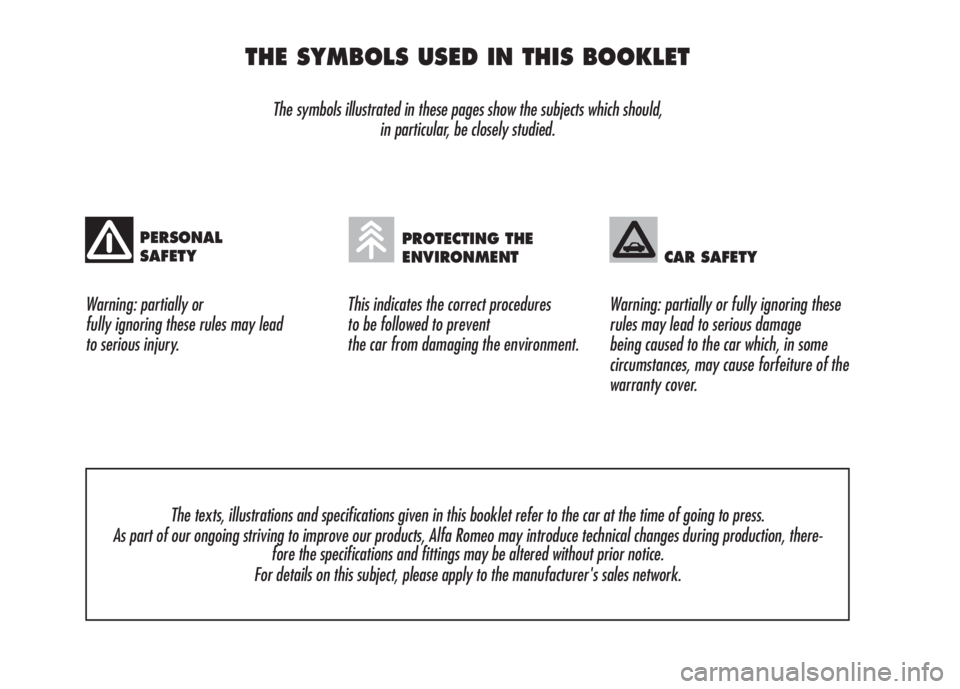 Alfa Romeo 159 2008  Owner handbook (in English) THE SYMBOLS USED IN THIS BOOKLET
The symbols illustrated in these pages show the subjects which should, 
in particular, be closely studied.
Warning: partially or 
fully ignoring these rules may lead 

