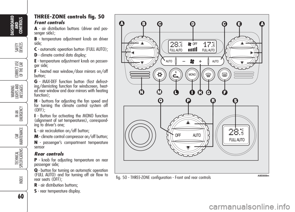 Alfa Romeo 159 2008  Owner handbook (in English) 60
SAFETY
DEVICES
WARNING 
LIGHTS AND 
MESSAGES
IN AN 
EMERGENCY
CAR
MAINTENANCE
TECHNICAL
SPECIFICATIONS
INDEX
CORRECT USE 
OF THE CAR
DASHBOARD
AND
CONTROLS
THREE-ZONE controls fig. 50
Front control