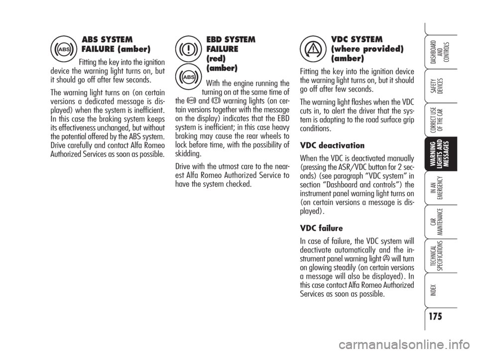 Alfa Romeo 159 2009  Owner handbook (in English) 175
SAFETY
DEVICES
IN AN 
EMERGENCY
CAR
MAINTENANCE
TECHNICAL
SPECIFICATIONS
INDEX
CORRECT USE 
OF THE CAR
DASHBOARD
AND
CONTROLS
WARNING 
LIGHTS AND 
MESSAGES
EBD SYSTEM
FAILURE 
(red)
(amber)
With t