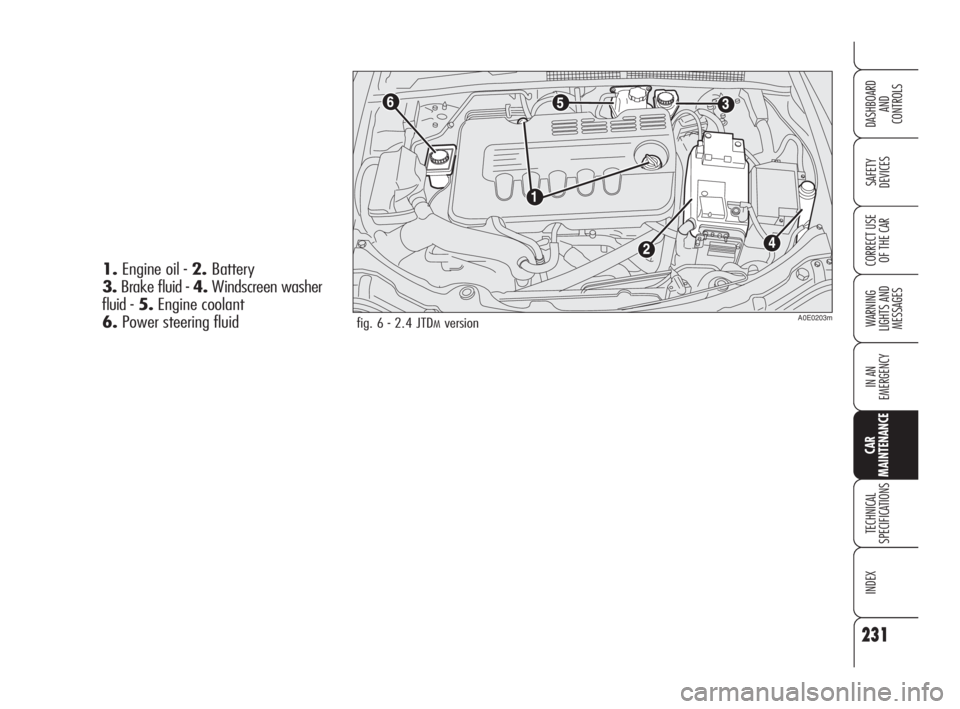 Alfa Romeo 159 2010  Owner handbook (in English) 231
SAFETY 
DEVICES
WARNING 
LIGHTS AND 
MESSAGES
IN AN 
EMERGENCY
TECHNICAL 
SPECIFICATIONS
INDEX
CORRECT USE 
OF THE CAR
DASHBOARD
AND 
CONTROLS
CAR 
MAINTENANCE
fig. 6 - 2.4 JTDMversionA0E0203m
1.E