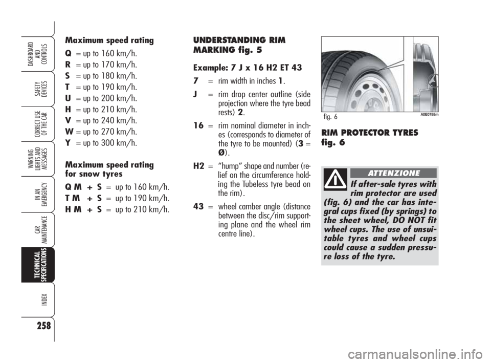 Alfa Romeo 159 2011  Owner handbook (in English) 258
SAFETY 
DEVICES
WARNING 
LIGHTS AND 
MESSAGES
IN AN 
EMERGENCY
CAR 
MAINTENANCE
INDEX
CORRECT USE 
OF THE CAR
DASHBOARD
AND 
CONTROLS
UNDERSTANDING RIM 
MARKING fig. 5
Example: 7 J x 16 H2 ET 43
7