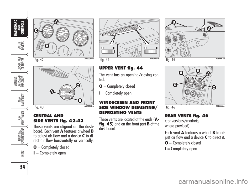 Alfa Romeo 159 2010  Owner handbook (in English) 54
SAFETY 
DEVICES
WARNING 
LIGHTS AND 
MESSAGES
IN AN 
EMERGENCY
CAR 
MAINTENANCE
TECHNICAL 
SPECIFICATIONS
INDEX
CORRECT USE 
OF THE CAR
DASHBOARD
AND 
CONTROLS
CENTRAL AND 
SIDE VENTS fig. 42-43
Th