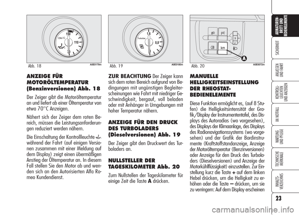Alfa Romeo 159 2005  Betriebsanleitung (in German) 23
SICHERHEIT
KONTROLL-
LEUCHTEN
UND ANZEIGEN
IM NOTFALL
WARTUNG 
UND PFLEGE
TECHNISCHE
MERKMALE
INHALTS-
VERZEICHNIS
ARMATUREN-
BRETT UND BEDIENELEMENTE
ANLASSEN
UND FAHRTZUR BEACHTUNGDer Zeiger kann