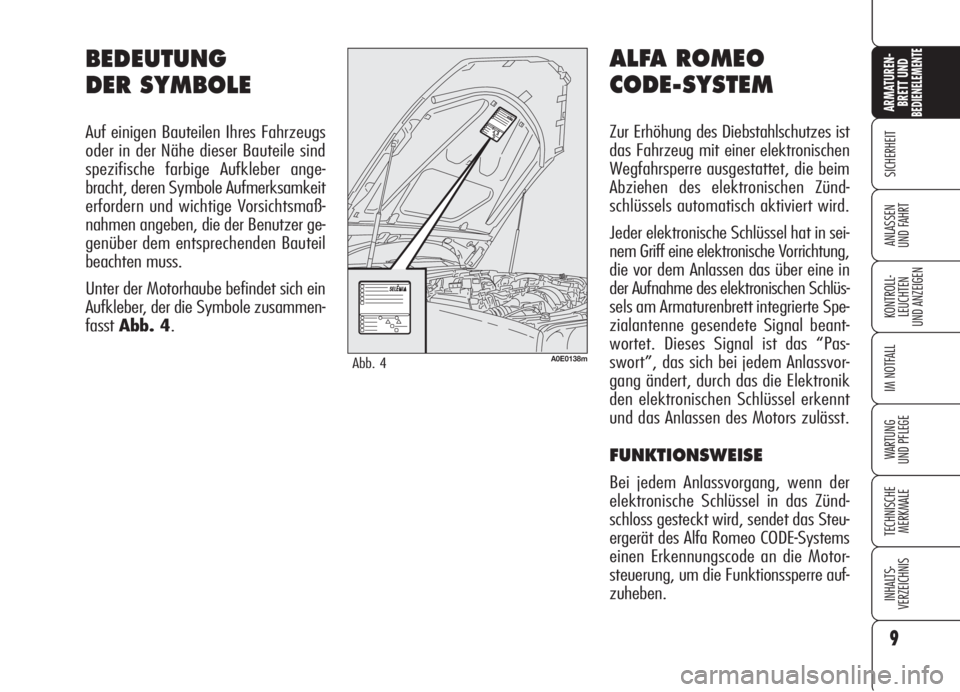 Alfa Romeo 159 2006  Betriebsanleitung (in German) ALFA ROMEO 
CODE-SYSTEM
Zur Erhöhung des Diebstahlschutzes ist
das Fahrzeug mit einer elektronischen
Wegfahrsperre ausgestattet, die beim
Abziehen des elektronischen Zünd-
schlüssels automatisch ak