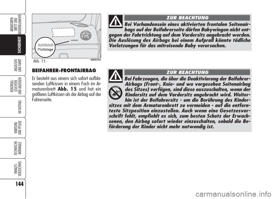 Alfa Romeo 159 2006  Betriebsanleitung (in German) 144
SICHERHEIT
KONTROLL-
LEUCHTEN
UND ANZEIGEN
IM NOTFALL
WARTUNG 
UND PFLEGE
TECHNISCHE
MERKMALE
INHALTS-
VERZEICHNIS
ARMATUREN-
BRETT UND 
BEDIENELEMENTE
ANLASSEN
UND FAHRT
Bei Fahrzeugen, die über