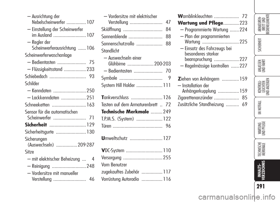 Alfa Romeo 159 2006  Betriebsanleitung (in German) 291
SICHERHEIT
KONTROLL-
LEUCHTEN
UND ANZEIGEN
IM NOTFALL
WARTUNG 
UND PFLEGE
TECHNISCHE
MERKMALE
INHALTS-
VERZEICHNIS
ARMATUREN-
BRETT UND 
BEDIENELEMENTE
ANLASSEN
UND FAHRT
– Vordersitze mit elekt