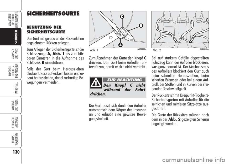 Alfa Romeo 159 2007 Betriebsanleitung (in German) 130
SICHERHEIT
KONTROLL-
LEUCHTEN
UND ANZEIGEN
IM NOTFALL
WARTUNG
UND PFLEGE
TECHNISCHE
MERKMALE
INHALTS-
VERZEICHNIS
ARMATUREN-
BRETT UND
BEDIENELEMENTE
ANLASSEN
UND FAHRT
Den Knopf C nicht
währen Alfa Romeo 159 2007 Betriebsanleitung (in German) 130
SICHERHEIT
KONTROLL-
LEUCHTEN
UND ANZEIGEN
IM NOTFALL
WARTUNG
UND PFLEGE
TECHNISCHE
MERKMALE
INHALTS-
VERZEICHNIS
ARMATUREN-
BRETT UND
BEDIENELEMENTE
ANLASSEN
UND FAHRT
Den Knopf C nicht
währen