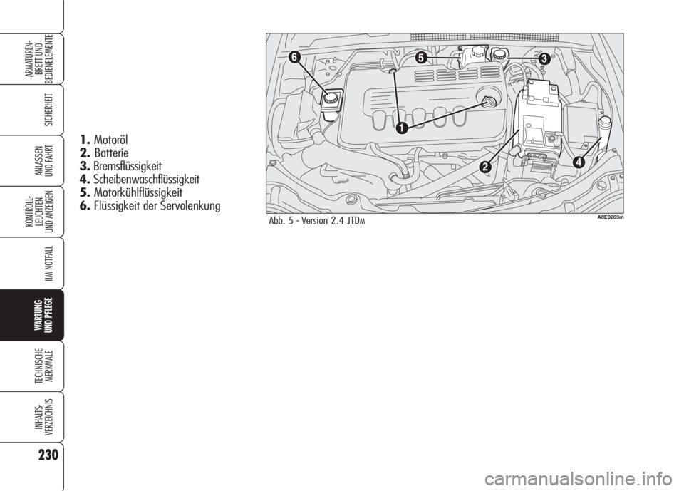 Alfa Romeo 159 2007  Betriebsanleitung (in German) 230
SICHERHEIT
KONTROLL-
LEUCHTEN
UND ANZEIGEN
IIM NOTFALL
WARTUNG 
UND PFLEGE
TECHNISCHE
MERKMALE
INHALTS-
VERZEICHNIS
ARMATUREN-
BRETT UND 
BEDIENELEMENTE
ANLASSEN
UND FAHRT
A0E0203mAbb. 5 - Version