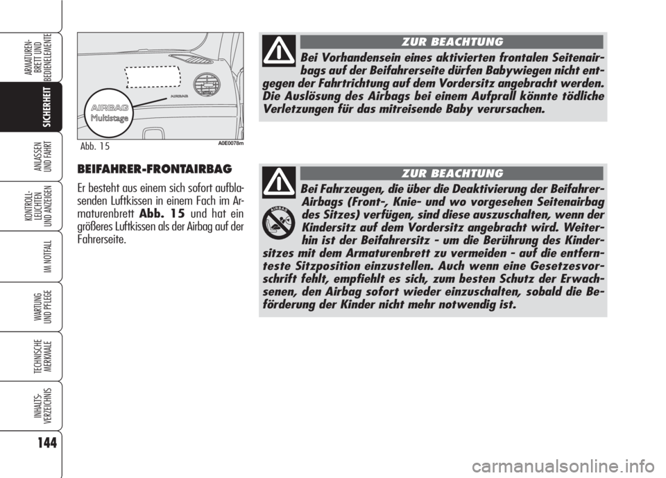 Alfa Romeo 159 2008  Betriebsanleitung (in German) 144
SICHERHEIT
KONTROLL-
LEUCHTEN
UND ANZEIGEN
IM NOTFALL
WARTUNG 
UND PFLEGE
TECHNISCHE
MERKMALE
INHALTS-
VERZEICHNIS
ARMATUREN-
BRETT UND 
BEDIENELEMENTE
ANLASSEN
UND FAHRT
Bei Fahrzeugen, die über