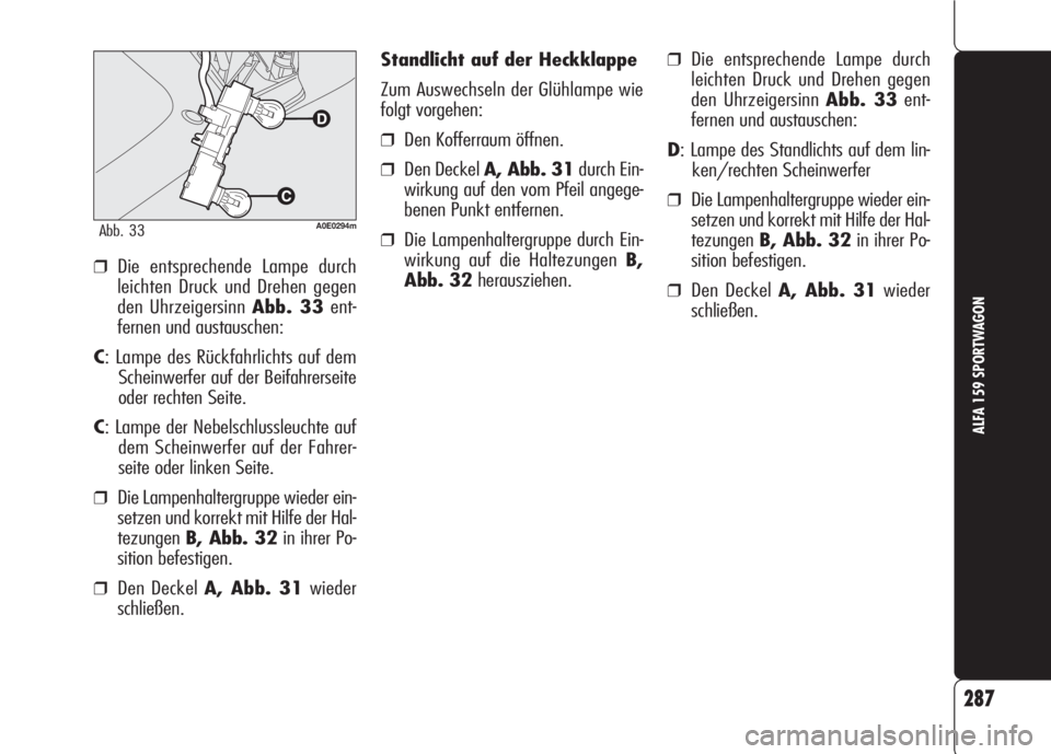 Alfa Romeo 159 2008  Betriebsanleitung (in German) 287
ALFA 159 SPORTWAGON
Standlicht auf der Heckklappe
Zum Auswechseln der Glühlampe wie
folgt vorgehen:
❒Den Kofferraum öffnen.
❒Den Deckel A, Abb. 31durch Ein-
wirkung auf den vom Pfeil angege-