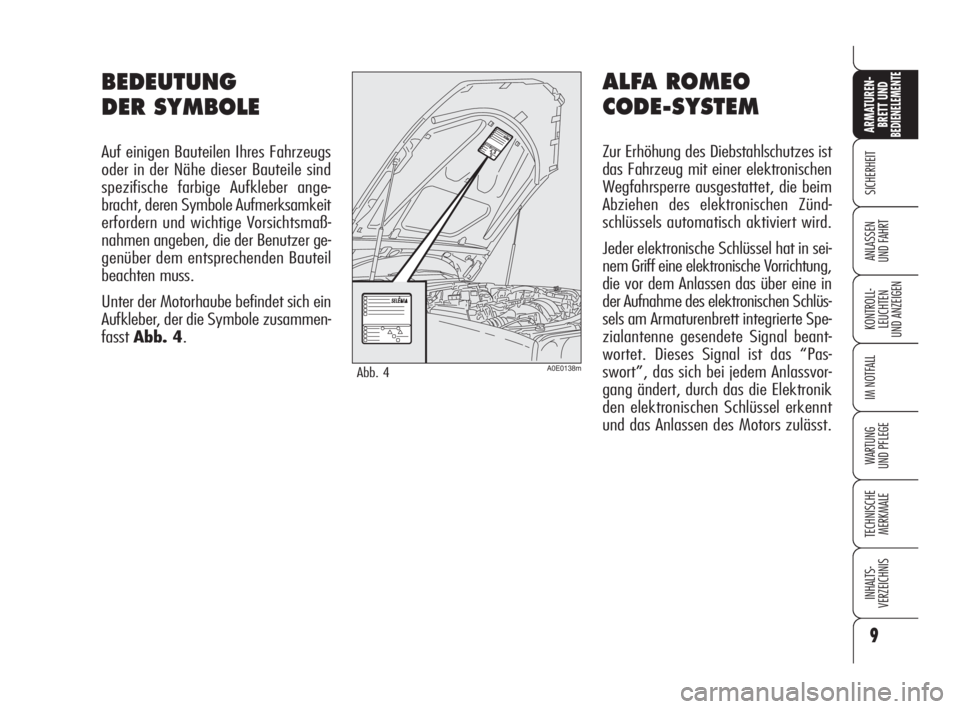 Alfa Romeo 159 2009  Betriebsanleitung (in German) 9
SICHERHEIT
KONTROLL-
LEUCHTEN
UND ANZEIGEN
IM NOTFALL
WARTUNG 
UND PFLEGE
TECHNISCHE
MERKMALE
INHALTS-
VERZEICHNIS
ARMATUREN-
BRETT UND BEDIENELEMENTE
ANLASSEN
UND FAHRT
ALFA ROMEO 
CODE-SYSTEM
Zur 
