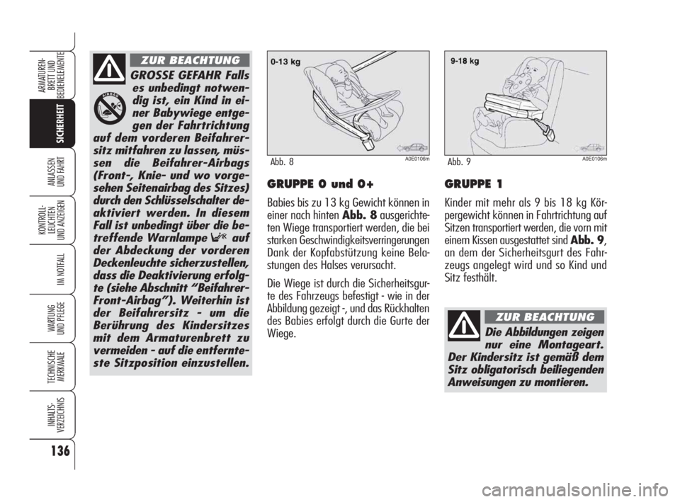 Alfa Romeo 159 2009  Betriebsanleitung (in German) 136
SICHERHEIT
KONTROLL-
LEUCHTEN
UND ANZEIGEN
IM NOTFALL
WARTUNG 
UND PFLEGE
TECHNISCHE
MERKMALE
INHALTS-
VERZEICHNIS
ARMATUREN-
BRETT UND 
BEDIENELEMENTE
ANLASSEN
UND FAHRTGRUPPE 0 und 0+
Babies bis