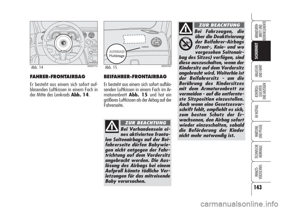 Alfa Romeo 159 2009  Betriebsanleitung (in German) 143
SICHERHEIT
KONTROLL-
LEUCHTEN
UND ANZEIGEN
IM NOTFALL
WARTUNG 
UND PFLEGE
TECHNISCHE
MERKMALE
INHALTS-
VERZEICHNIS
ARMATUREN-
BRETT UND 
BEDIENELEMENTE
ANLASSEN
UND FAHRTFAHRER-FRONTAIRBAG
Er best