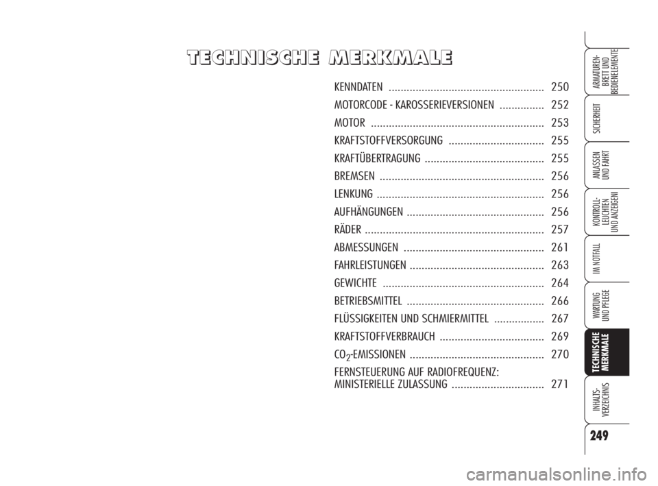 Alfa Romeo 159 2009  Betriebsanleitung (in German) 249
SICHERHEIT
KONTROLL-
LEUCHTEN
UND ANZEIGENI
IM NOTFALL
WARTUNG 
UND PFLEGE
TECHNISCHE
MERKMALE
INHALTS-
VERZEICHNIS
ARMATUREN-
BRETT UND 
BEDIENELEMENTE
ANLASSEN
UND FAHRT
T T
E E
C C
H H
N N
I I
