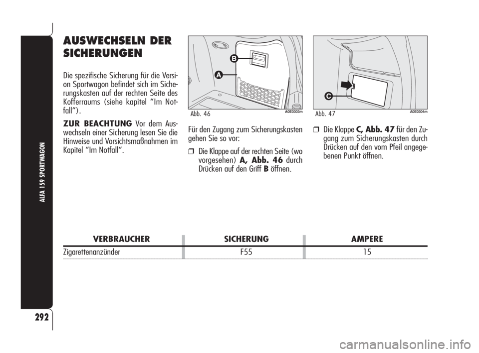 Alfa Romeo 159 2009  Betriebsanleitung (in German) 292
ALFA 159 SPORTWAGON
A0E0303mAbb. 46A0E0304mAbb. 47
Für den Zugang zum Sicherungskasten
gehen Sie so vor:
❒Die Klappe auf der rechten Seite (wo
vorgesehen)A, Abb. 46durch
Drücken auf den Griff 