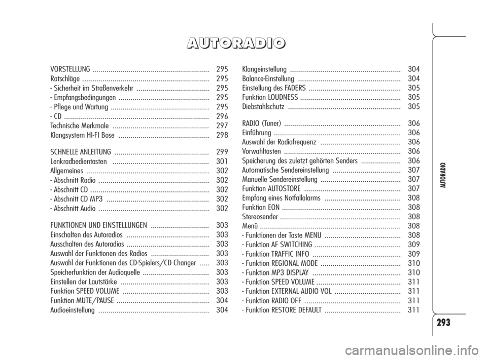 Alfa Romeo 159 2009  Betriebsanleitung (in German) 293
AUTORADIO
Klangeinstellung....................................................... 304
Balance-Einstellung................................................... 304
Einstellung des FADERS ............