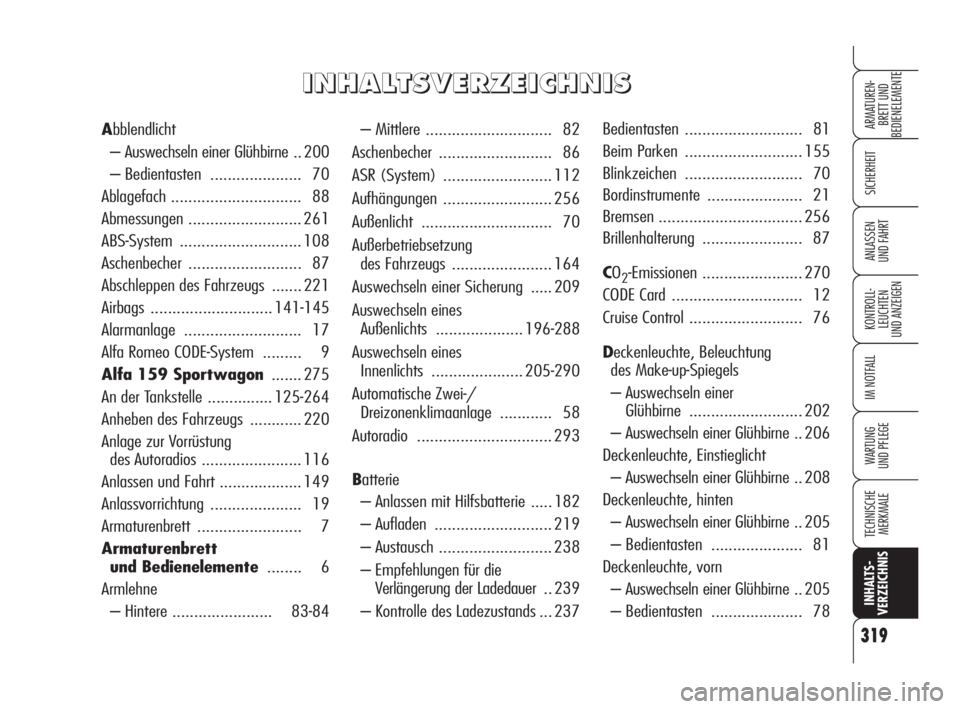 Alfa Romeo 159 2009  Betriebsanleitung (in German) 319
SICHERHEIT
KONTROLL-
LEUCHTEN
UND ANZEIGEN
IM NOTFALL
WARTUNG 
UND PFLEGE
TECHNISCHE
MERKMALE
INHALTS-
VERZEICHNIS
ARMATUREN-
BRETT UND 
BEDIENELEMENTE
ANLASSEN
UND FAHRT
– Mittlere ............