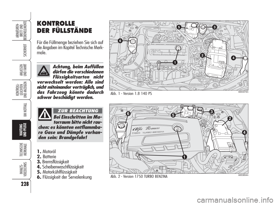 Alfa Romeo 159 2011 Betriebsanleitung (in German) 228
SICHERHEIT
KONTROLL-
LEUCHTEN
UND ANZEIGEN
IIM NOTFALL
WARTUNG
UND PFLEGE
TECHNISCHE
MERKMALE
INHALTS-
VERZEICHNIS
ARMATUREN-
BRETT UND
BEDIENELEMENTE
ANLASSEN
UND FAHRT
KONTROLLE
DER FÜLLST Alfa Romeo 159 2011 Betriebsanleitung (in German) 228
SICHERHEIT
KONTROLL-
LEUCHTEN
UND ANZEIGEN
IIM NOTFALL
WARTUNG
UND PFLEGE
TECHNISCHE
MERKMALE
INHALTS-
VERZEICHNIS
ARMATUREN-
BRETT UND
BEDIENELEMENTE
ANLASSEN
UND FAHRT
KONTROLLE
DER FÜLLST