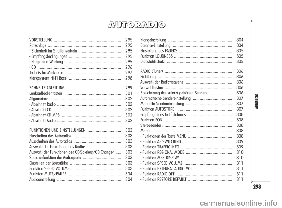 Alfa Romeo 159 2011  Betriebsanleitung (in German) 293
AUTORADIO
Klangeinstellung ....................................................... 304
Balance-Einstellung ................................................... 304
Einstellung des FADERS ..........