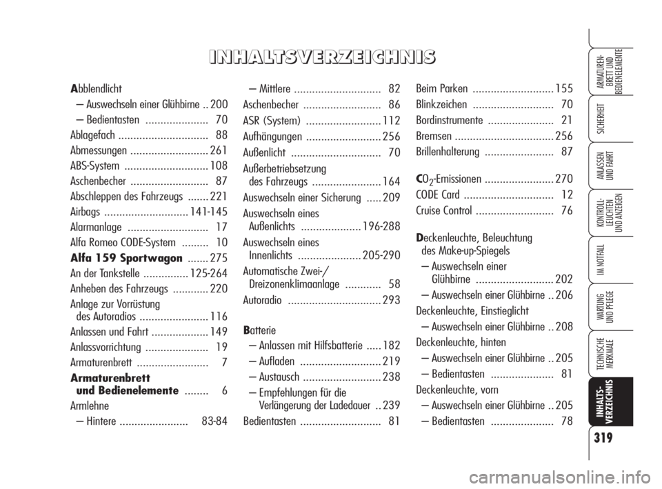 Alfa Romeo 159 2011  Betriebsanleitung (in German) 319
SICHERHEIT
KONTROLL-
LEUCHTEN 
UND ANZEIGEN
IM NOTFALL
WARTUNG 
UND PFLEGE
TECHNISCHE
MERKMALE
INHALTS-
VERZEICHNIS
ARMATUREN-
BRETT UND 
BEDIENELEMENTE
ANLASSEN 
UND FAHRT
– Mittlere ..........