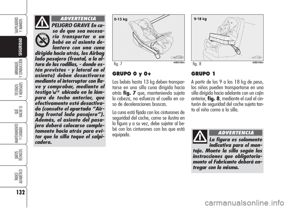Alfa Romeo 159 2005 Manual de Empleo y Cuidado (in Spanish) 132
SEGURIDAD
TESTIGOS
Y MENSAJES
QUÉ
HACER SI
MANTENIMIENTO
Y CUIDADO
DATOS
TÉCNICOS
ÍNDICE
ALFABÉTICO
SALPICADERO
Y MANDOS
ARRANQUE
Y CONDUCCIÓNGRUPO 0 y 0+
Los bebés hasta 13 kg deben trans Alfa Romeo 159 2005 Manual de Empleo y Cuidado (in Spanish) 132
SEGURIDAD
TESTIGOS
Y MENSAJES
QUÉ
HACER SI
MANTENIMIENTO
Y CUIDADO
DATOS
TÉCNICOS
ÍNDICE
ALFABÉTICO
SALPICADERO
Y MANDOS
ARRANQUE
Y CONDUCCIÓNGRUPO 0 y 0+
Los bebés hasta 13 kg deben trans