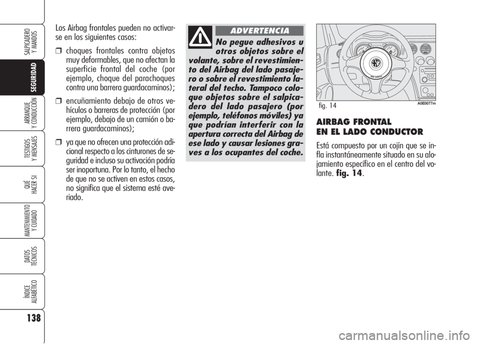 Alfa Romeo 159 2005  Manual de Empleo y Cuidado (in Spanish) 138
SEGURIDAD
TESTIGOS
Y MENSAJES
QUÉ
HACER SI
MANTENIMIENTO
Y CUIDADO
DATOS 
TÉCNICOS
ÍNDICE
ALFABÉTICO
SALPICADERO
Y MANDOS 
ARRANQUE
Y CONDUCCIÓNAIRBAG FRONTAL 
EN EL LADO CONDUCTOR
Está comp