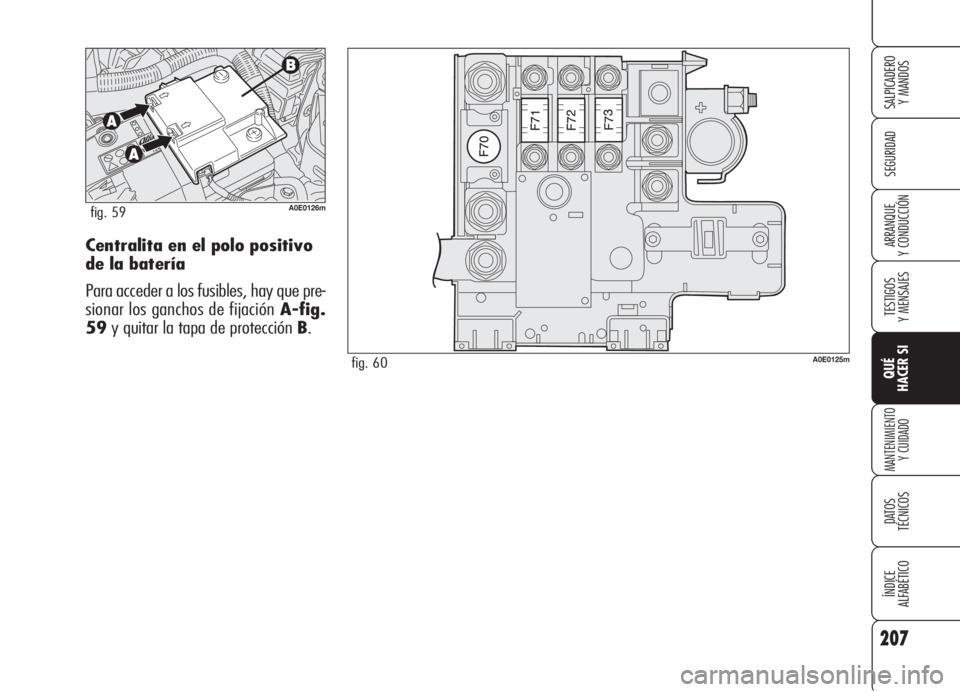 Alfa Romeo 159 2005  Manual de Empleo y Cuidado (in Spanish) 207
SEGURIDAD
TESTIGOS
Y MENSAJES
QUÉ
HACER SI
MANTENIMIENTO
Y CUIDADO
DATOS 
TÉCNICOS
ÍNDICE
ALFABÉTICO 
SALPICADERO
Y MANDOS 
ARRANQUE
Y CONDUCCIÓNCentralita en el polo positivo 
de la batería