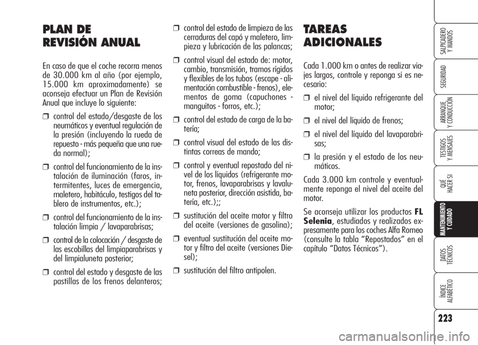 Alfa Romeo 159 2005  Manual de Empleo y Cuidado (in Spanish) 223
SEGURIDAD
TESTIGOS
Y MENSAJES
QUÉ
HACER SI
MANTENIMIENTO
Y CUIDADO
DATOS 
TÉCNICOS
ÍNDICE
ALFABÉTICO 
SALPICADERO
Y MANDOS 
ARRANQUE
Y CONDUCCIÓN
❒control del estado de limpieza de las
cerr