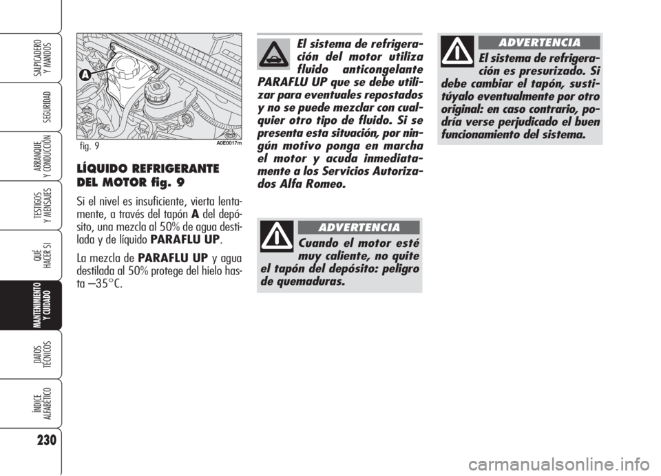 Alfa Romeo 159 2005  Manual de Empleo y Cuidado (in Spanish) 230
SEGURIDAD
TESTIGOS
Y MENSAJES
QUÉ
HACER SI
MANTENIMIENTO
Y CUIDADO
DATOS 
TÉCNICOS
ÍNDICE
ALFABÉTICO
SALPICADERO
Y MANDOS 
ARRANQUE
Y CONDUCCIÓNLÍQUIDO REFRIGERANTE
DEL MOTOR fig. 9
Si el ni