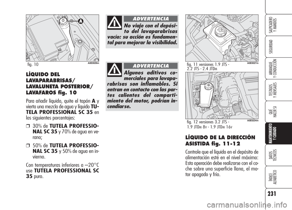 Alfa Romeo 159 2005  Manual de Empleo y Cuidado (in Spanish) 231
SEGURIDAD
TESTIGOS
Y MENSAJES
QUÉ
HACER SI
MANTENIMIENTO
Y CUIDADO
DATOS 
TÉCNICOS
ÍNDICE
ALFABÉTICO 
SALPICADERO
Y MANDOS 
ARRANQUE
Y CONDUCCIÓN
LÍQUIDO DE LA DIRECCIÓN
ASISTIDA fig. 11-12